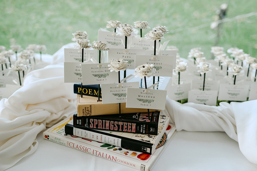 Kaitlin and Nichola's’ wedding details were perfect, including these place cards made of pages from Kaitlin’s favorite books